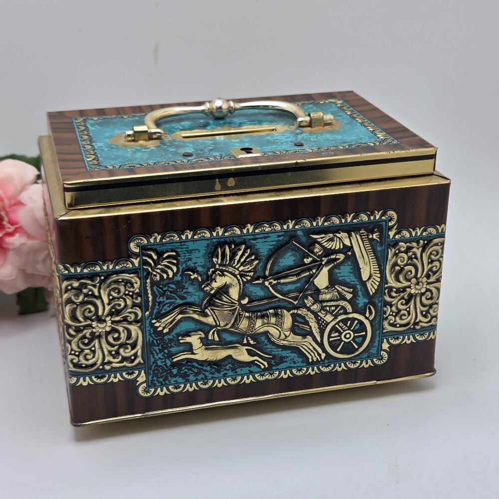 Vintage Metal Biscuit Tin Bank Tin Teal Chariots Mid Century Handle